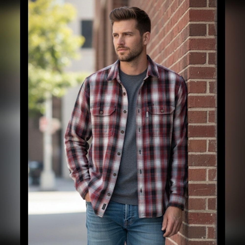 Carhartt Relaxed Fit Red/Blue Plaid Long Sleeve Button Up Man's Sz L Tall
